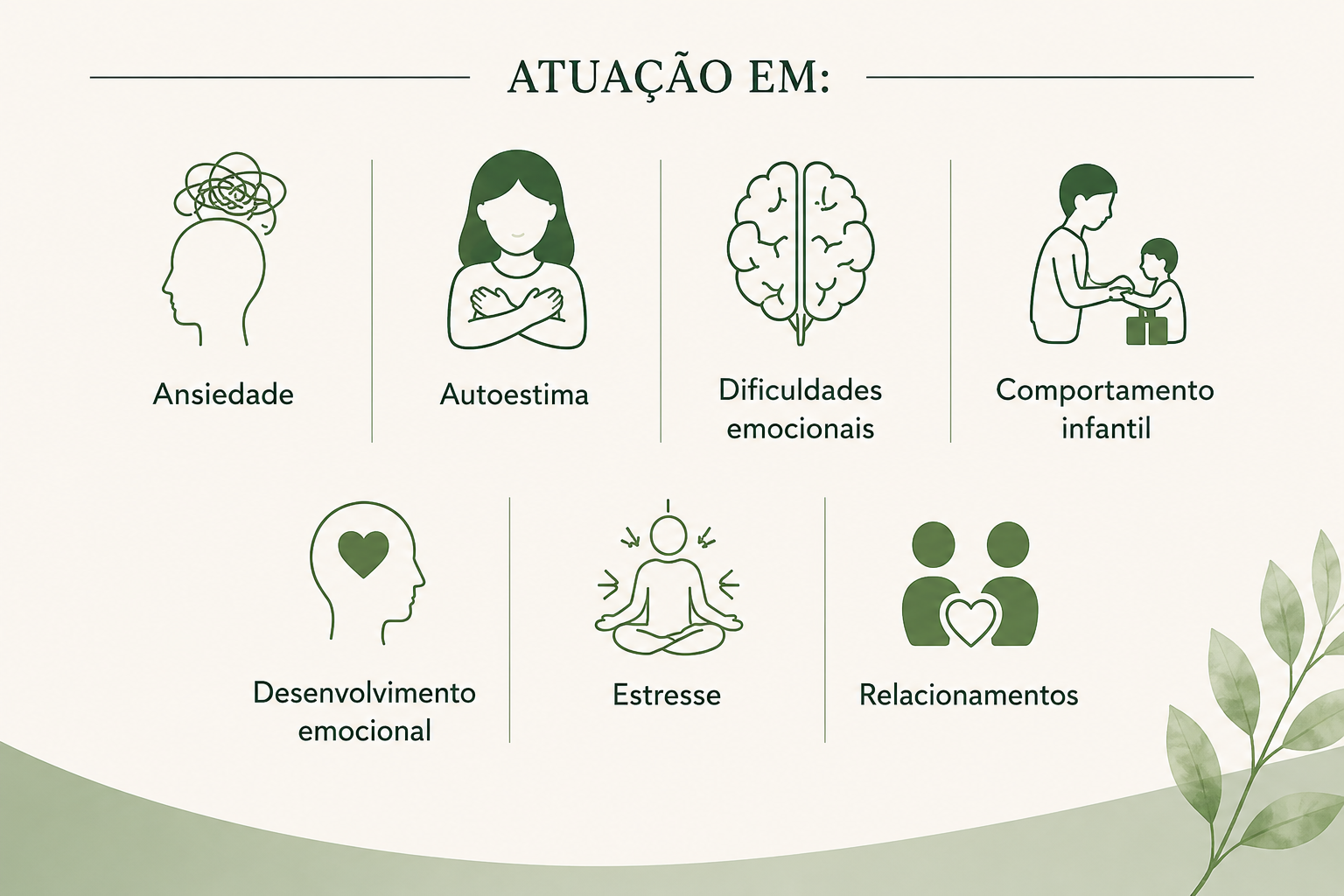 Áreas de atuação: ansiedade, autoestima, dificuldades emocionais, comportamento infantil, desenvolvimento emocional, estresse e relacionamentos